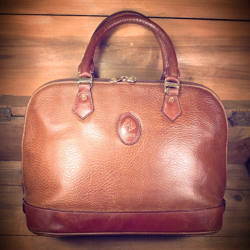 Old bone PONY Caramel color leather portable shell bag Vintage - Handbags & Totes - Genuine Leather Brown