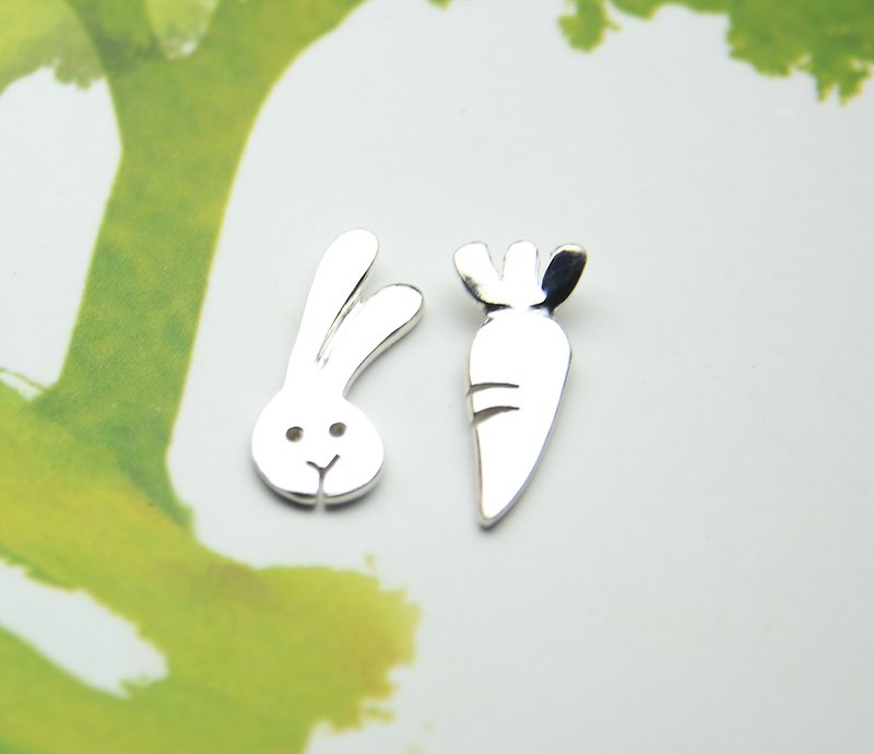 Sterling Silver  Stud Earrings / Rabbit & Carrot / Asymmetric - Earrings & Clip-ons - Sterling Silver Silver