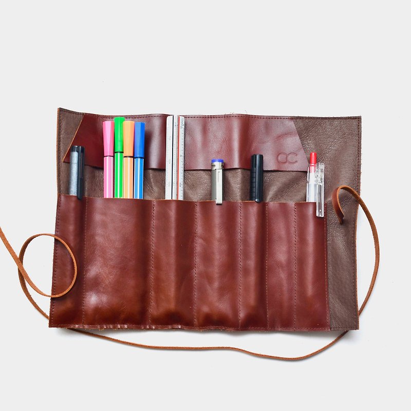 [Wagyu sushi] cowhide pencil case leather pencil case tool bag fountain pen scroll graduation gift custom lettering as a gift - Pencil Cases - Genuine Leather Brown