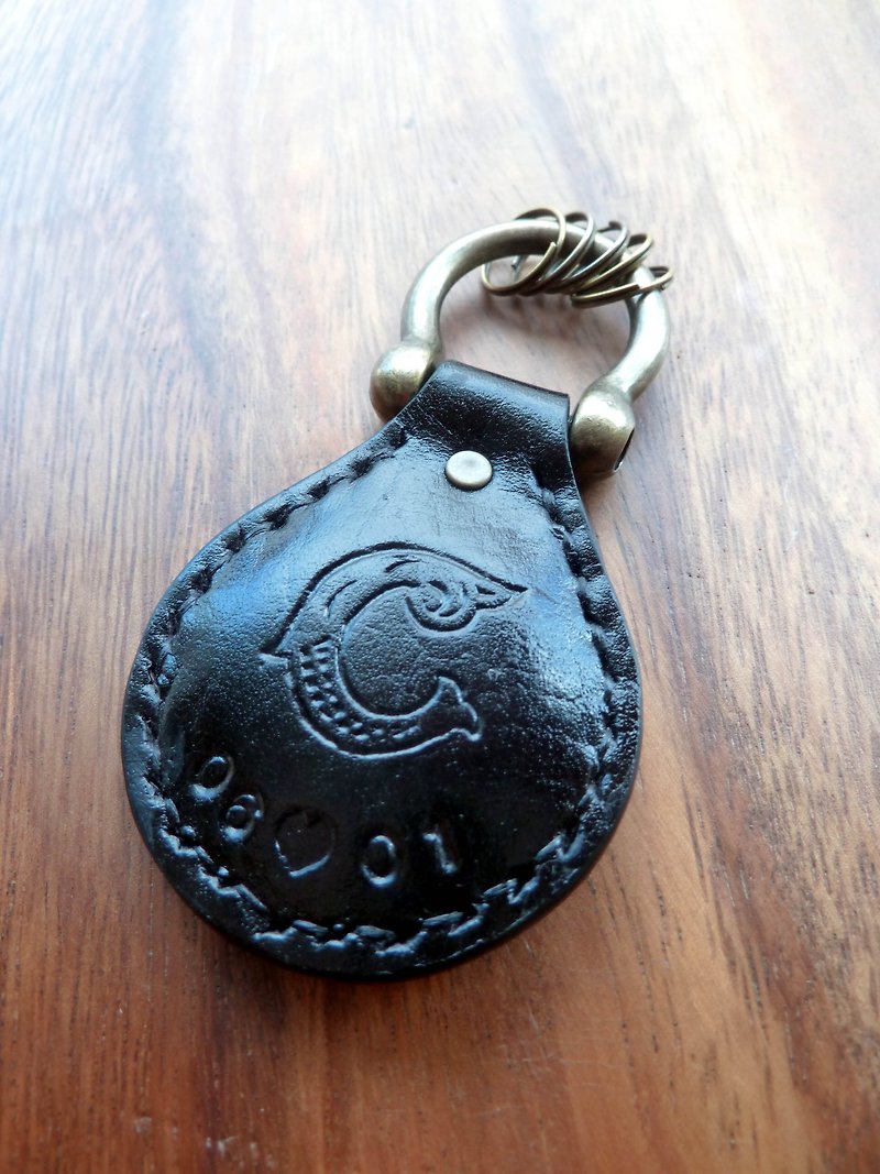 Hand-sewn water drop type vegetable tanned cow leather key ring (free English name) - Keychains - Genuine Leather 