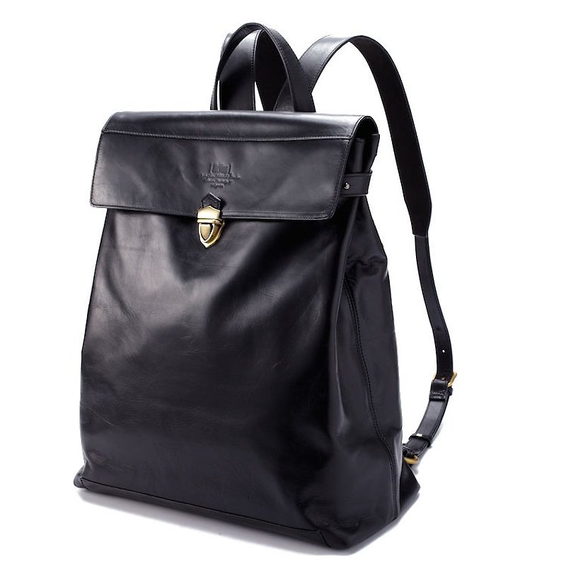 Black Full Italian oil wax leather V rear backpack -L - Backpacks - Genuine Leather Black