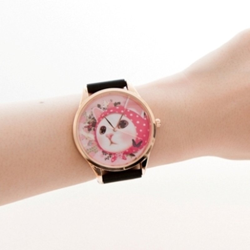 Jetoy, Sweet Cat Good Mood Gold Frame Watch (Black+G) (Japan)_Pink hood (JJWW007) - Women's Watches - Other Metals Multicolor