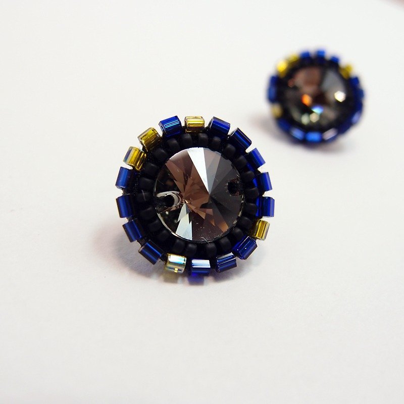 Swarovski crystal Embroidery Earrings / Blue & Yellow - Earrings & Clip-ons - Thread Blue