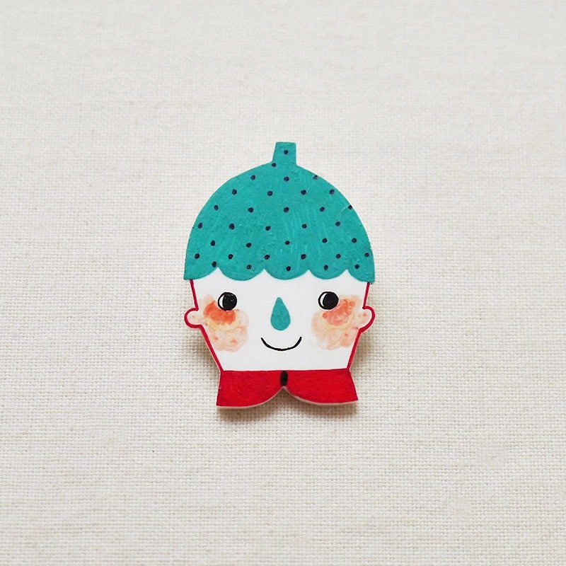 Cameron The Strawberry Kid - Handmade Shrink Plastic Brooch or Magnet - Wearable Art - Made to Order - Brooches - Plastic Green