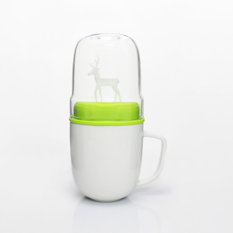 dipper 1++麋鹿雙杯組-馬克杯+玻璃杯子(白色款/綠蓋) - 咖啡杯 - 其他材質 綠色