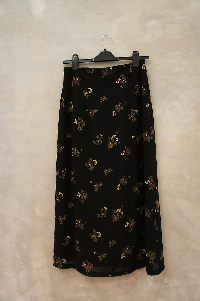 Chiffon thick brown flowers vintage black dress PdB - Skirts - Other Materials Black
