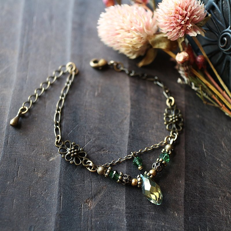 EF Golden Years NO.200 level dark green crystal glass elegant copper chain bracelet - Bracelets - Glass Green