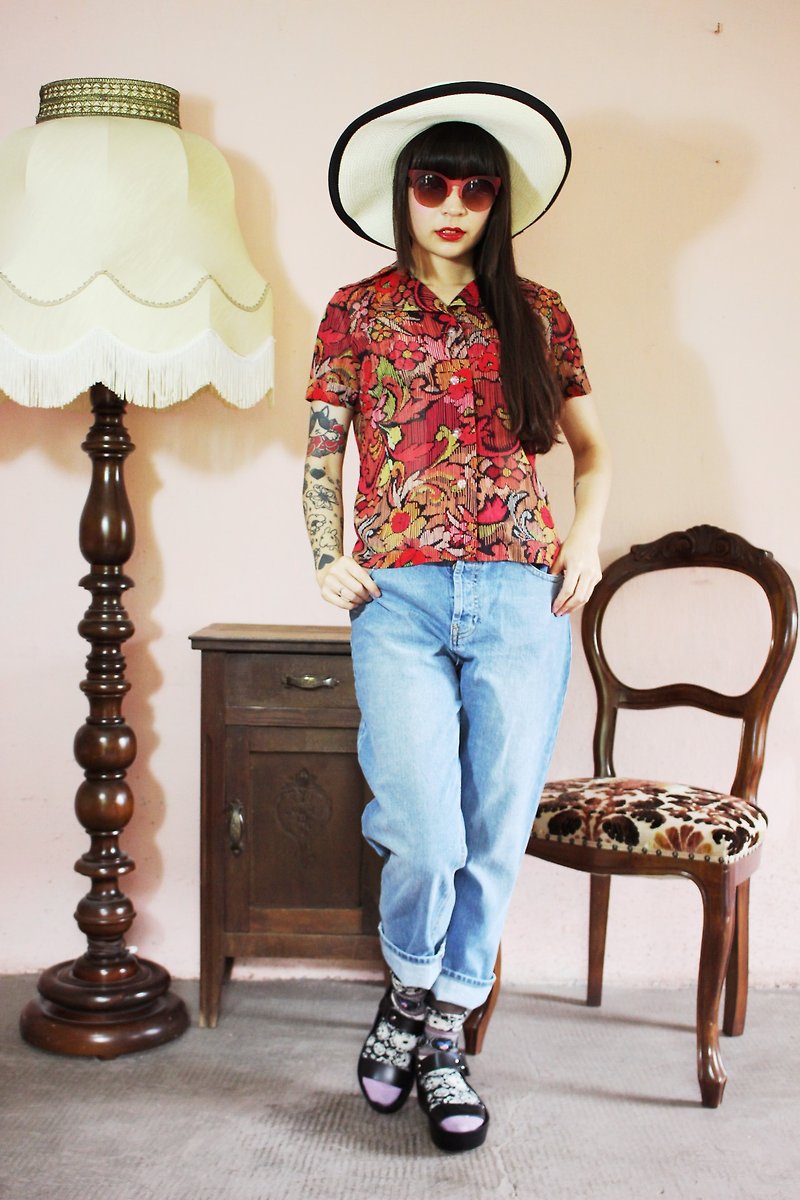 F1052 (Vintage) large red flower print chiffon short sleeve shirt - Women's Shirts - Other Materials Red