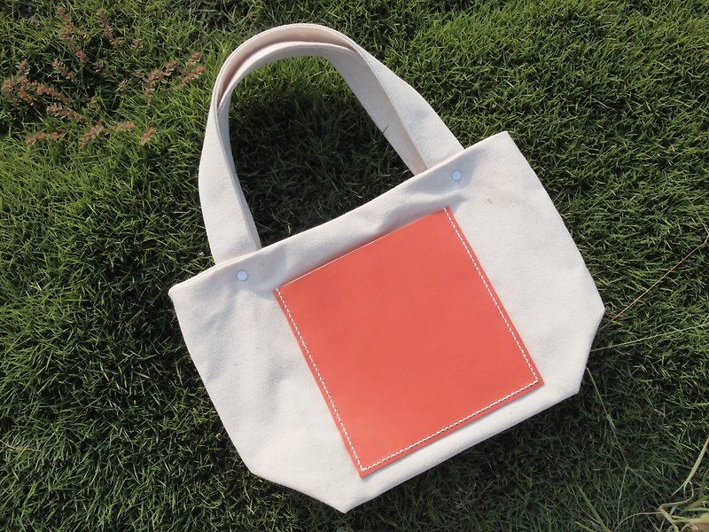 Handmade canvas bag square shape handbag tote bag orange leather - Handbags & Totes - Other Materials Orange