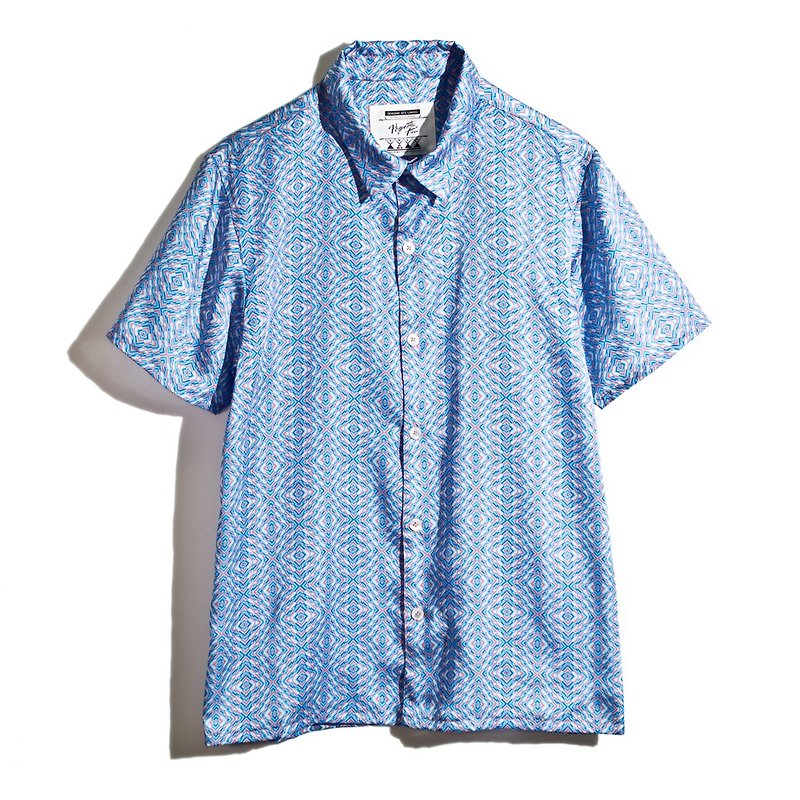 藍色催眠格 短袖襯衫 - 男襯衫/休閒襯衫 - 聚酯纖維 藍色