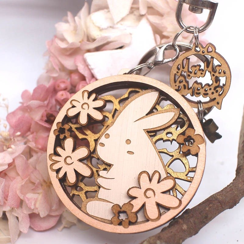 MuMu Sweety -白兔花圈 / 鑰匙圈 - 鑰匙圈/鑰匙包 - 木頭 粉紅色