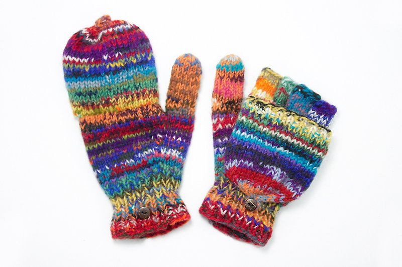 Christmas Gifts / Limited a hand-woven pure wool knit gloves / detachable gloves - mixed color colorful Rainbow World - ถุงมือ - วัสดุอื่นๆ หลากหลายสี