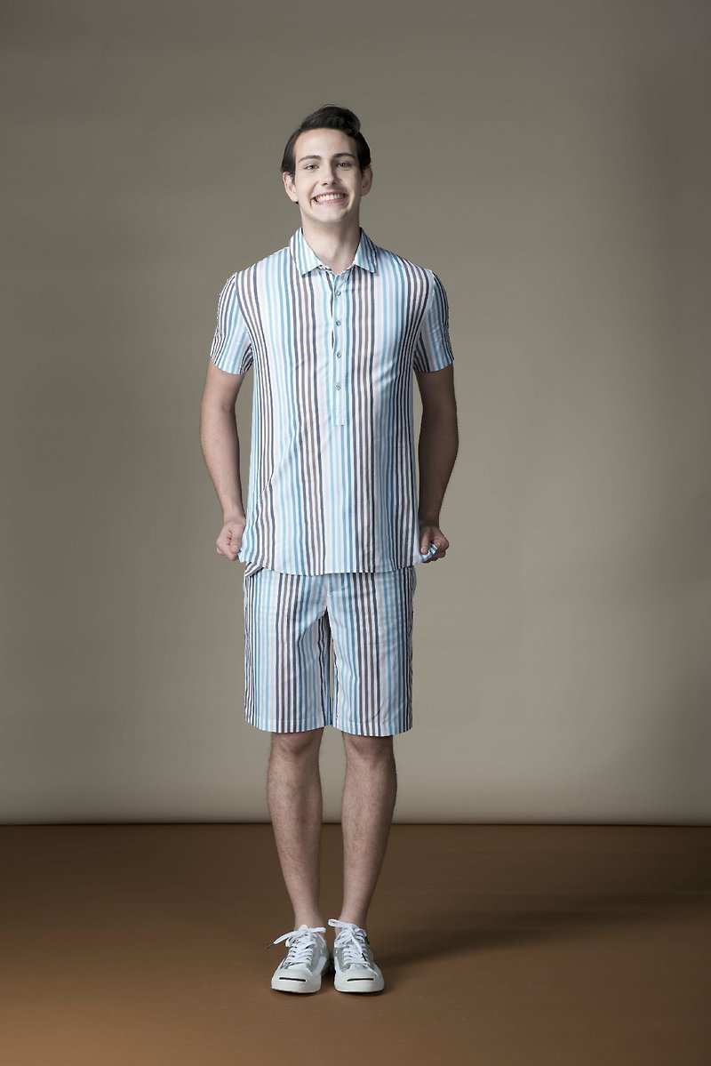 Sevenfold  Gradient Striped Short Sleeved Shirt 漸層條紋短袖襯衫 (藍/褐) - 男裝 恤衫 - 其他材質 
