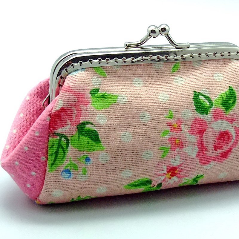 粉紅玫瑰口金，零錢包，卡片包 (SF007) - 散紙包 - 棉．麻 粉紅色