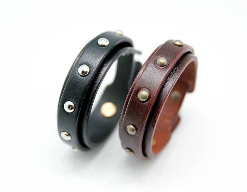 Light Punk system - Double leather bracelet 2cm - เสื้อยืดผู้หญิง - หนังแท้ 