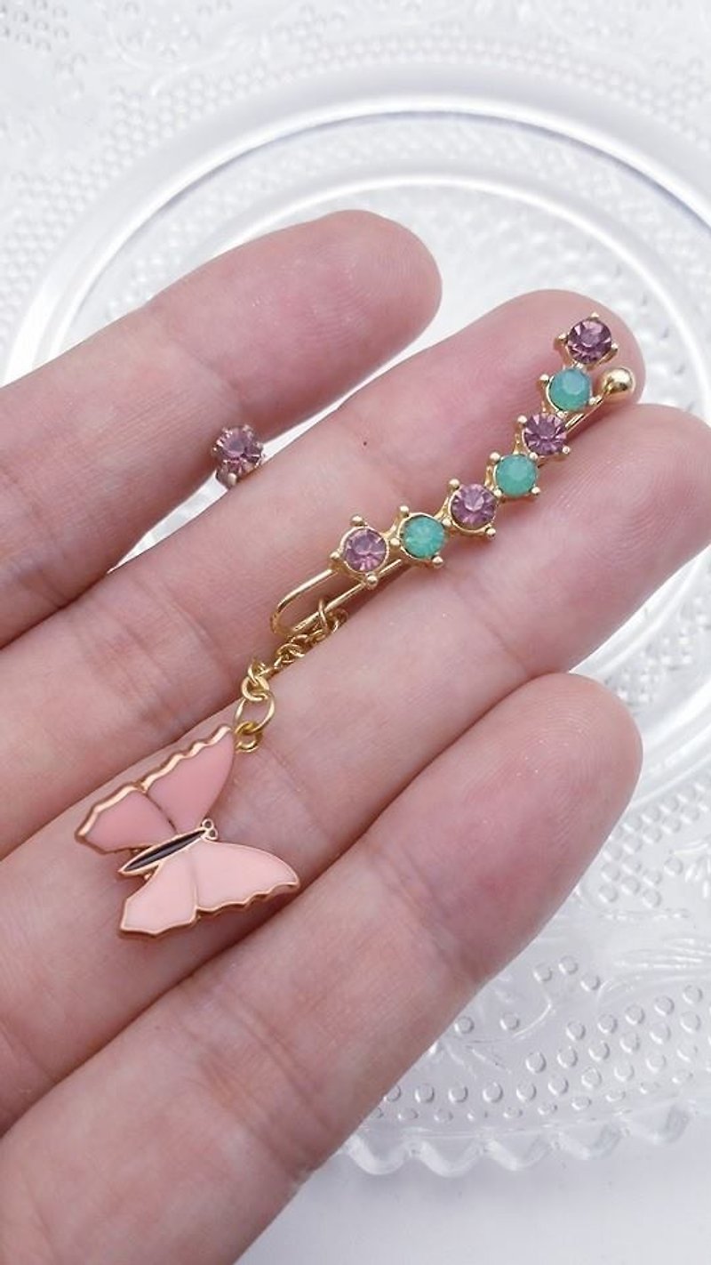 [Deals] amphibole butterfly in long ear clip earrings set - ต่างหู - โลหะ สึชมพู