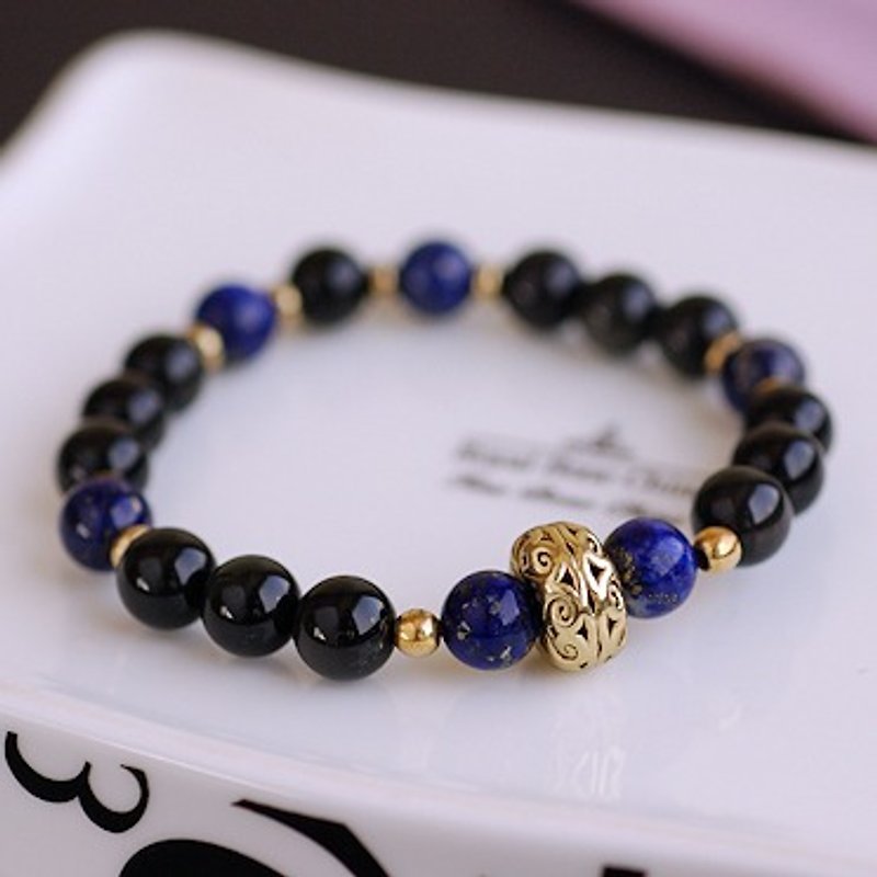 * Lapis lazuli bead bracelet obsidian Bronze - Bracelets - Gemstone Black
