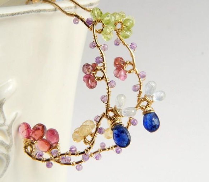 Flower Vine Earrings, Gemstones Wire Wrapped Hoop, Sapphire Earrings, Wedding Bridal, Large Hoop