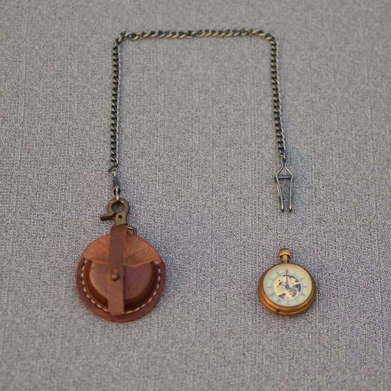 夕卡//復古黃銅發條懷錶 - 豆茶(已絕版) - 女裝錶 - 真皮 咖啡色
