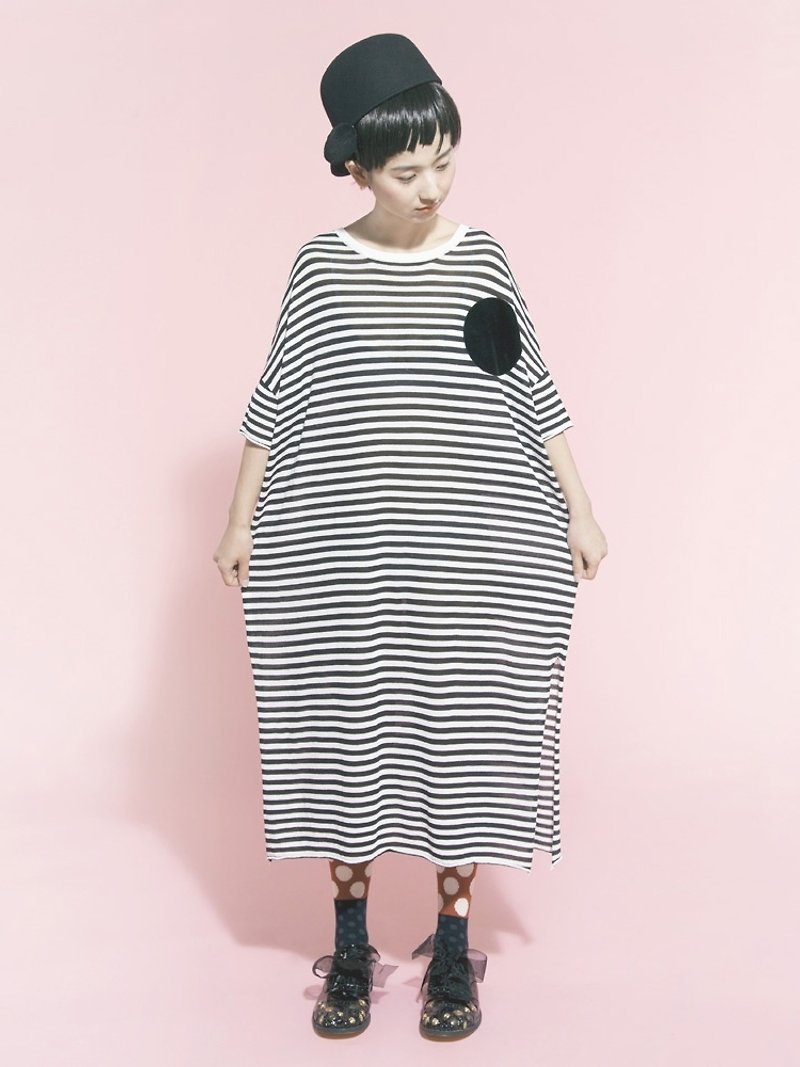 Fine black and white wide stripes dots thin gown - imakokoni - Women's Tops - Cotton & Hemp Black