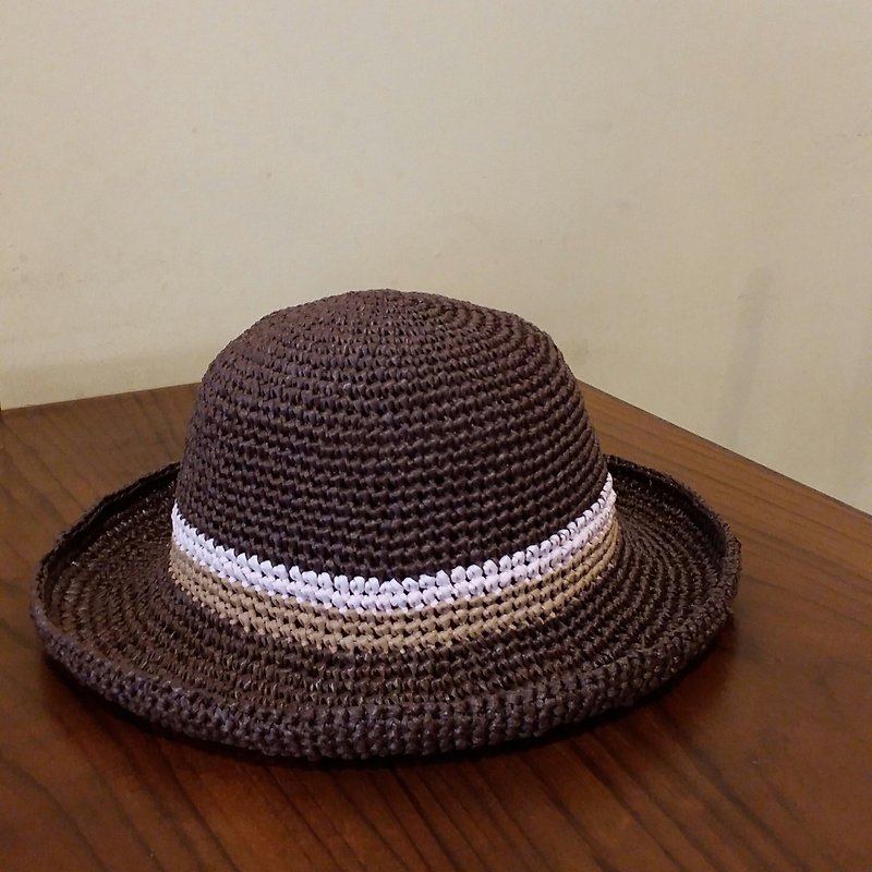 Wide eaves straw hat - deep coffee color - หมวก - ผ้าฝ้าย/ผ้าลินิน สีนำ้ตาล