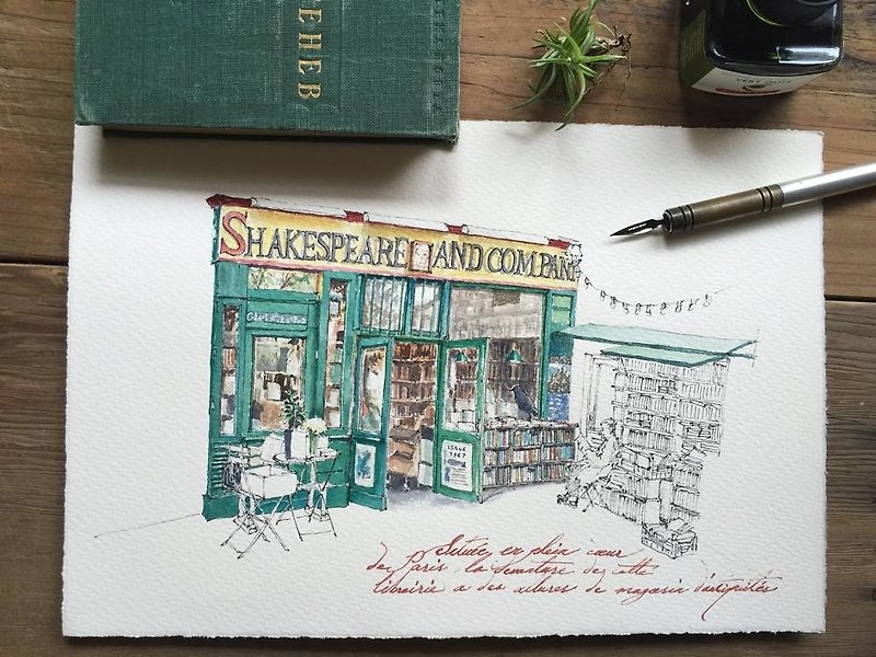 Hand-painted tourist postcard - Paris Shakespeare Bookstore - Cards & Postcards - Paper 