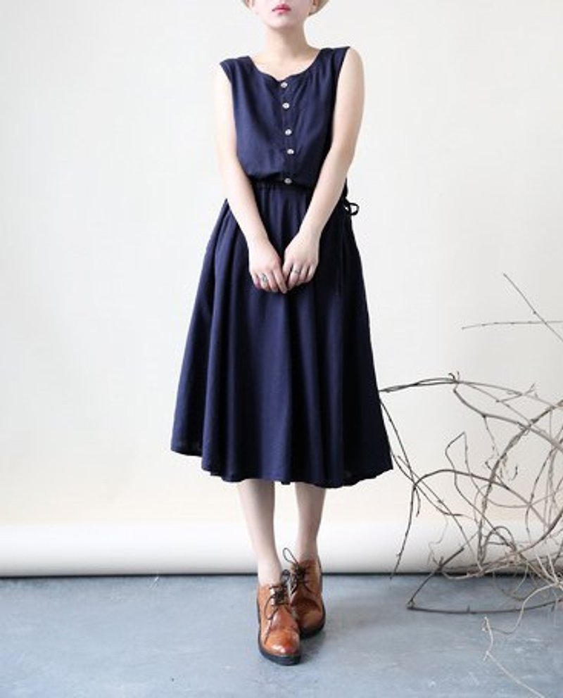 │moderato│自然清新日本女孩棉麻綁帶洋裝-藏藍