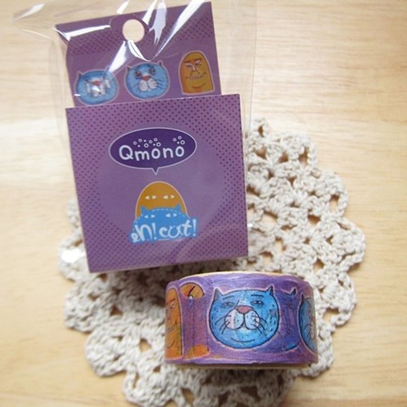 Qmono x [eh!cat!] Co-branded paper tape [Egg head + cat expression (QMT-EH02)] - มาสกิ้งเทป - กระดาษ สีม่วง