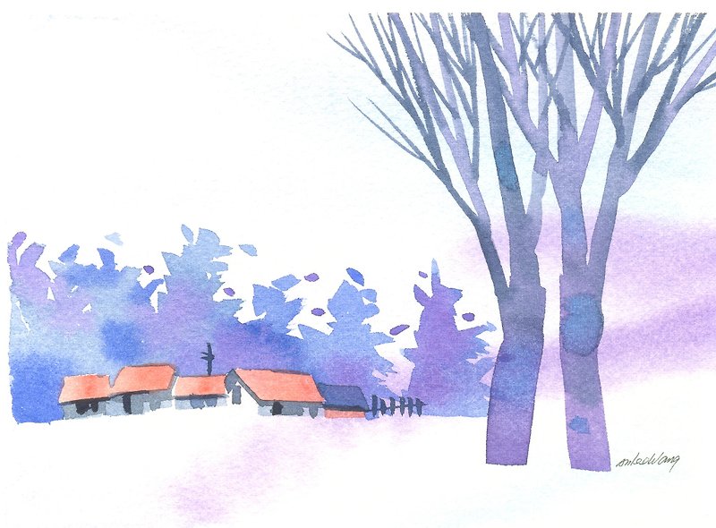 「療癒系樹林系列1-67」水彩手繪限量版明信片/聖誕卡 - 心意卡/卡片 - 紙 藍色