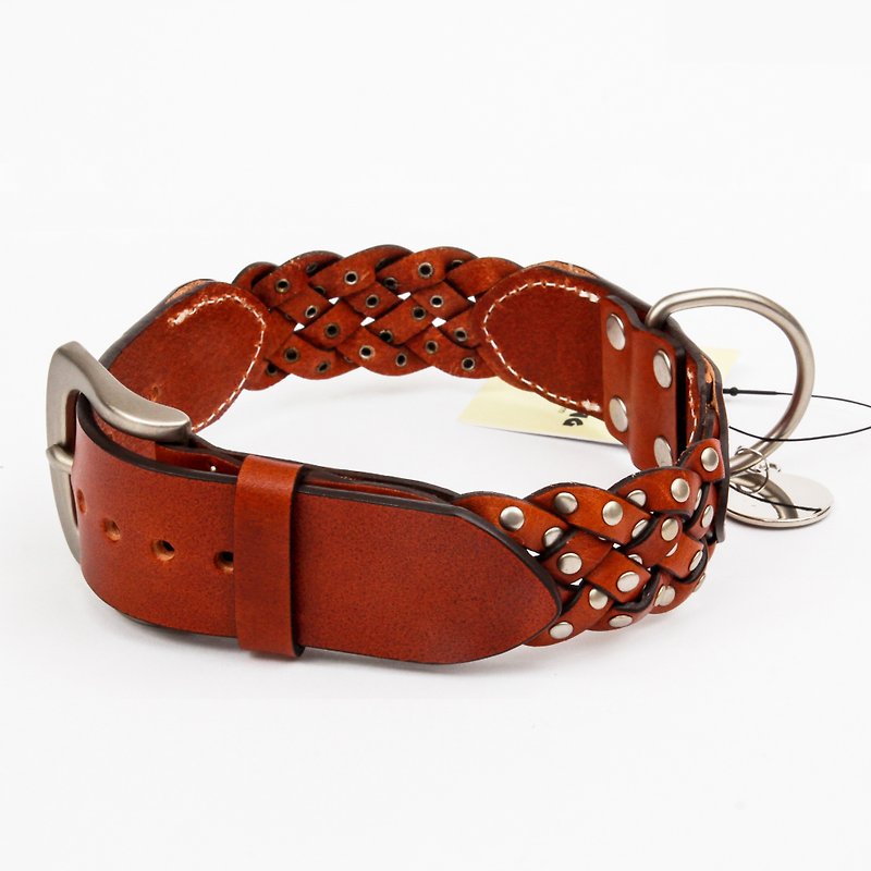 Ella Wang Design stitching leather rivet leather collar-brown (coffee) pet collar - ปลอกคอ - หนังแท้ สีนำ้ตาล
