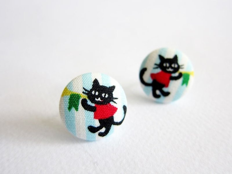布釦耳環 小黑貓 可做夾式耳環 - 耳環/耳夾 - 其他材質 藍色
