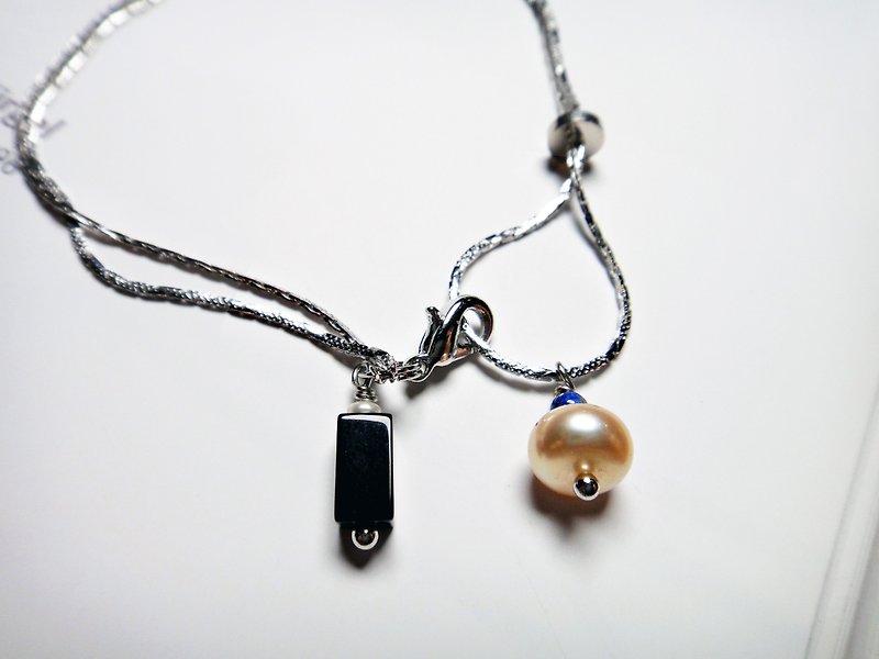 ◎ pearl bracelet * black chalcedony White K Double Bracelet - สร้อยข้อมือ - โลหะ 