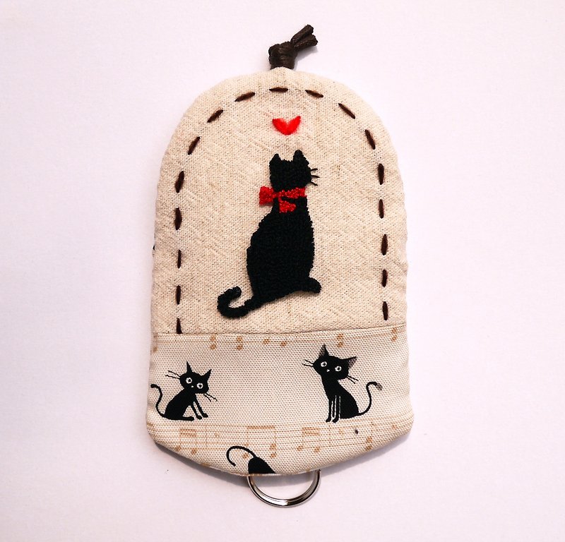 紅領結黑貓刺繡鑰匙包 - 鑰匙圈/鎖匙扣 - 繡線 