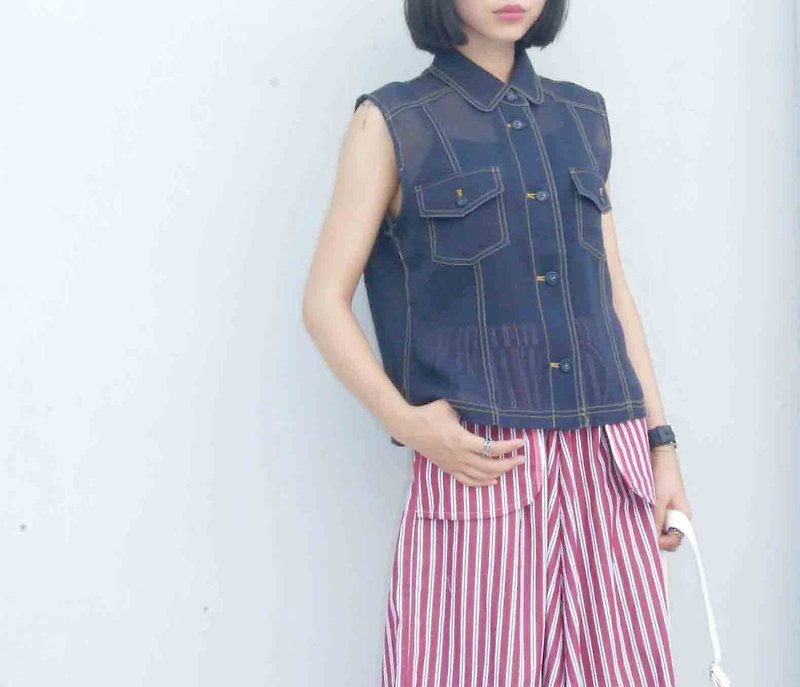 4.5studio- paddy rice to Geocaching vintage - dark blue uniforms Crimping sense of perspective sleeveless shirt - Women's Shirts - Other Materials Blue