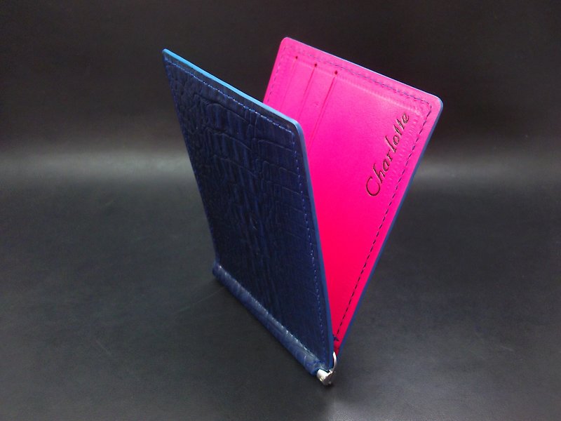 APEE leather handmade ~ banknote clip ~ crocodile striae ~ dark blue / pink - กระเป๋าสตางค์ - หนังแท้ 