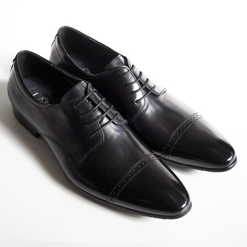 [LMdH]C1A26-99小牛皮真皮Cap-toe開普托雕花木跟德比鞋‧黑色 - Men's Casual Shoes - Genuine Leather Black