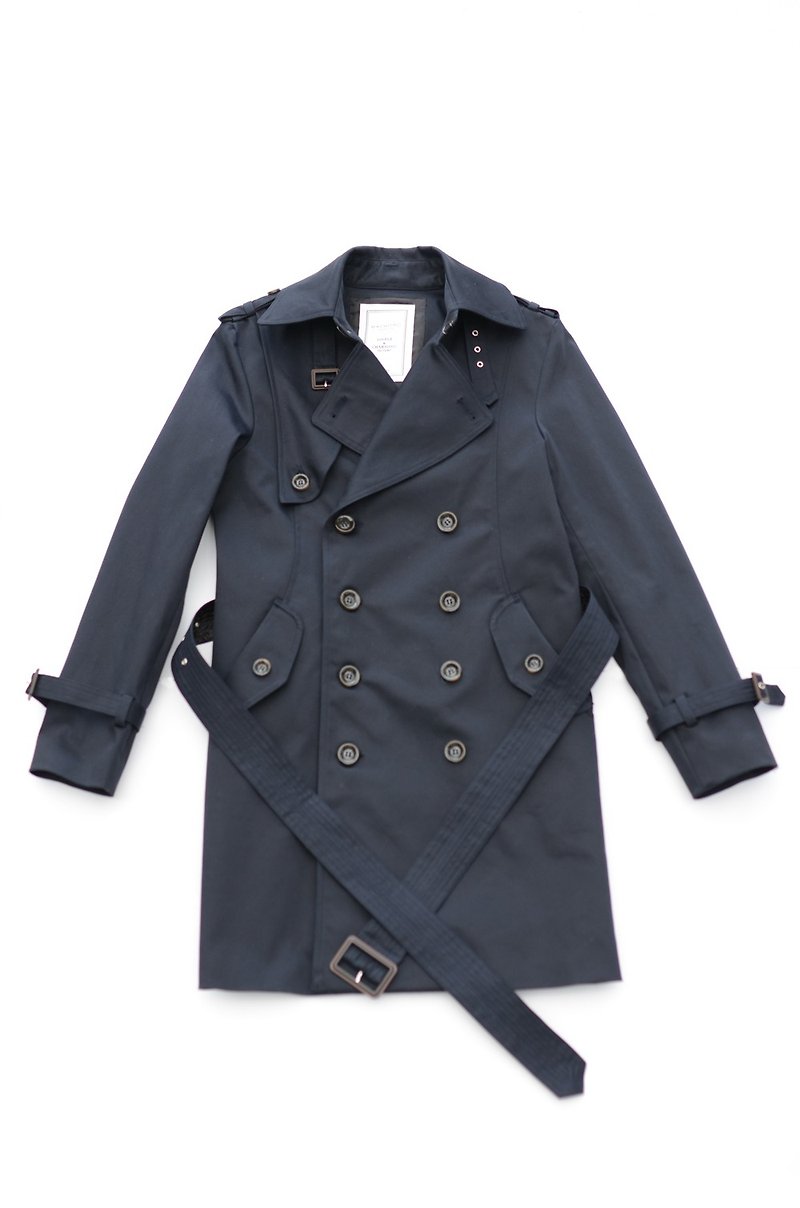 日本進口長版深藍防風面料大衣 Trench Coat - 外套/大衣 - 棉．麻 黑色