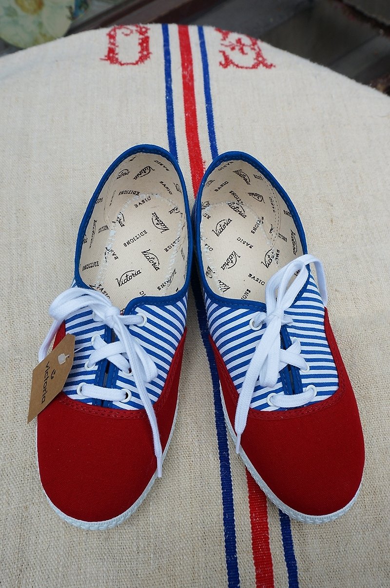 victoria Spanish national handmade shoes-navy style CARMIN (shoelaces) (out of print) - รองเท้าลำลองผู้หญิง - ผ้าฝ้าย/ผ้าลินิน สีแดง