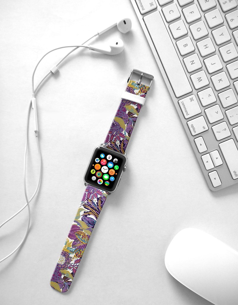 Apple Watch Series 1 , Series 2, Series 3 - Apple Watch 真皮手錶帶，適用於Apple Watch 及 Apple Watch Sport - Freshion 香港原創設計師品牌 - 紫色花樣圖紋 95 - 錶帶 - 真皮 