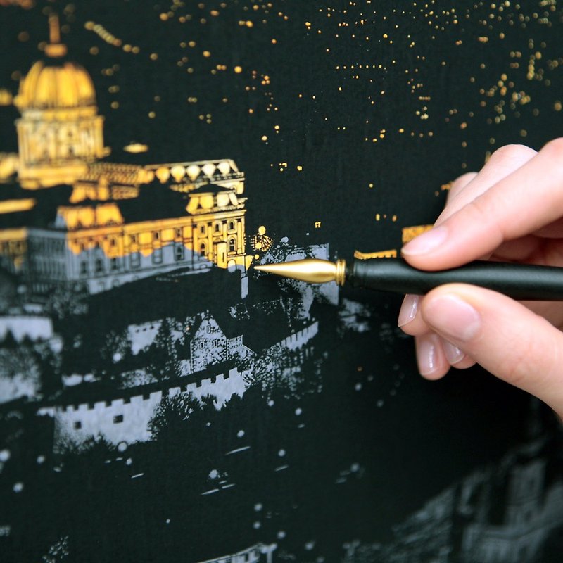 Lago hand scraping city golden night view (with scraper) - Budapest, LGO93447 - Wood, Bamboo & Paper - Paper Gold