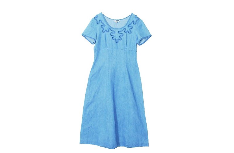 ㄙGiraffe Giraffe _ Vintage denim dress round neck line design - One Piece Dresses - Paper Blue