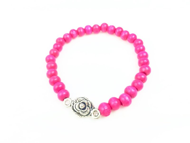 "Pink wood bead x silver roses' - Bracelets - Other Materials Pink