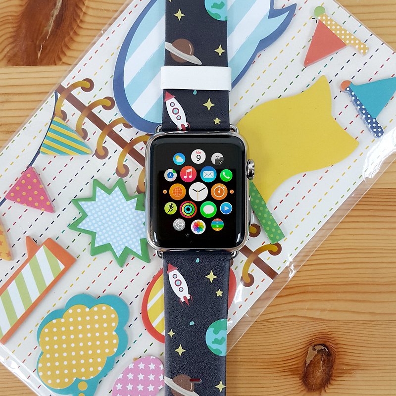 Space Planets Printed on Leather watch band for Apple Watch Series 1 - 5 - อื่นๆ - หนังแท้ 