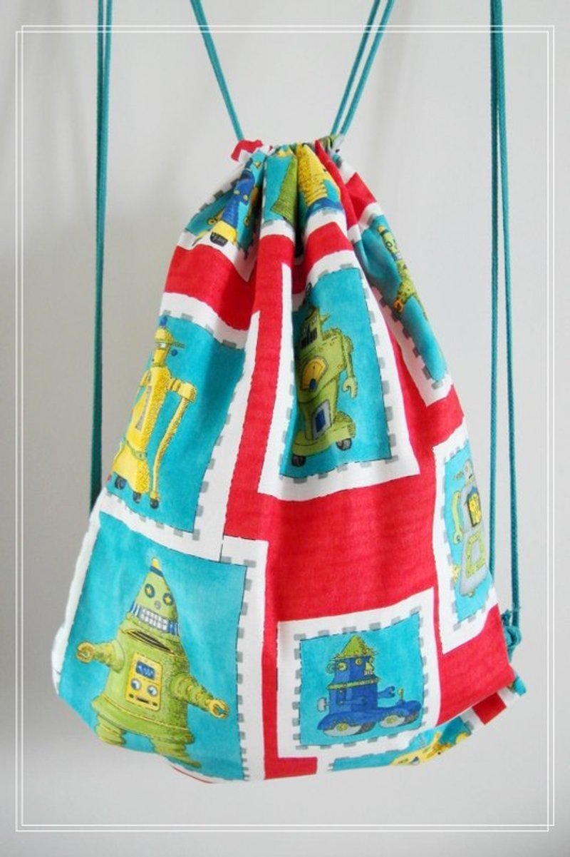 ~ M + Bear ~ Vintage Drawstring Backpack (robot-like) - Drawstring Bags - Other Materials Red