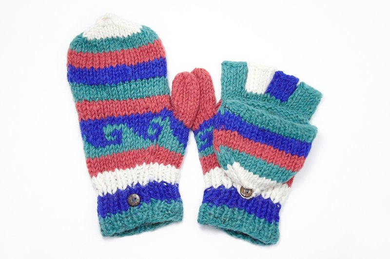 Valentine's Day Limited One Knitted Pure Wool Warm Gloves/ 2ways Gloves/ Open Toe Gloves/ Inner Brush Gloves/ Knitted Gloves-Blue and Red Ethnic Totem - ถุงมือ - วัสดุอื่นๆ หลากหลายสี
