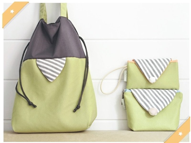 hairmo. Suede side stripes Macaron Pouch Backpack (Green) - กระเป๋าแมสเซนเจอร์ - วัสดุอื่นๆ สีเขียว