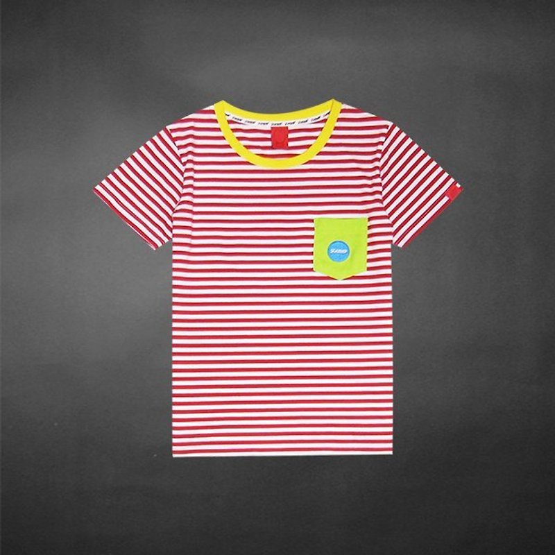 "H-ZOO" 撞色口袋紅白條紋Tee （ XS、S號售完 ） - Tシャツ - その他の素材 レッド