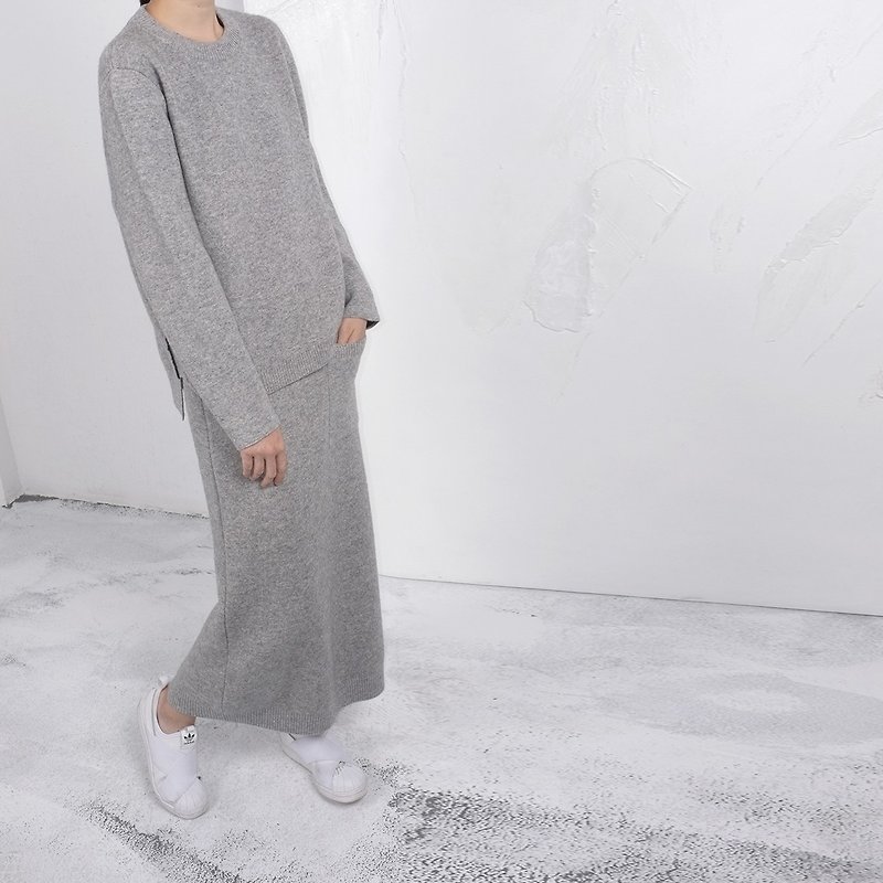 杲果/GAOGUO原創設計師女裝品牌 灰羊絨針織雙面厚織上衣長裙套裝 - 女毛衣/針織衫 - 其他材質 灰色