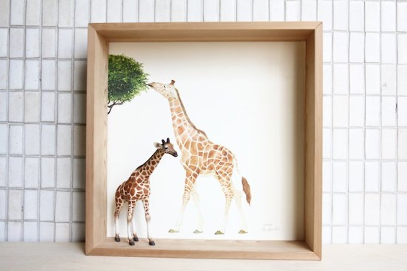 [Painting, animal AnimalPaintingCollection] box decorated - Giraffe / Big Square - ตกแต่งผนัง - ไม้ สีกากี