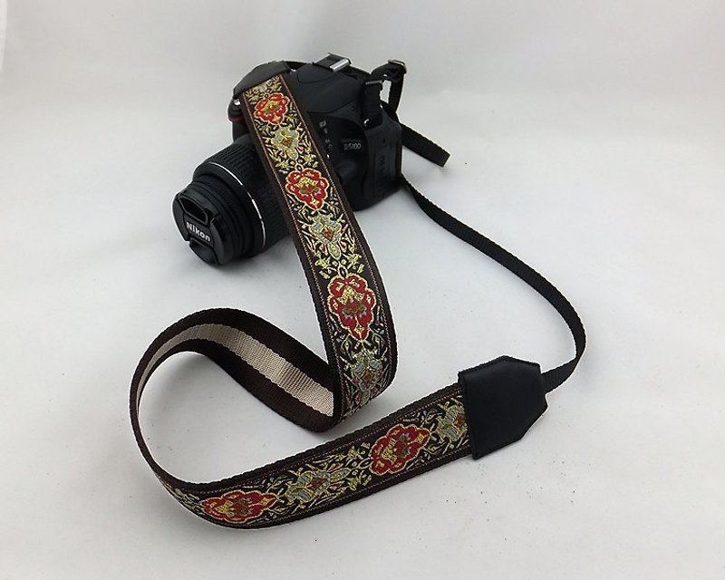 相機背帶 個性客製 可印字 真皮拼接 刺繡花紋  民族風046 - 相機帶/腳架 - 真皮 金色